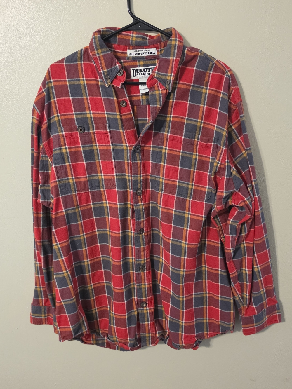 Duluth Trading Co Red and Navy Plaid Button-Down Shirt